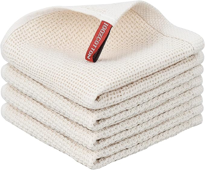 Nialnant 100% Cotton Cleaning Cloth,4 Pack Waffle Weave Cleaning Towels,Super Absorbent Dish Rags for Washing Dishes-12x12 Inch,Beige