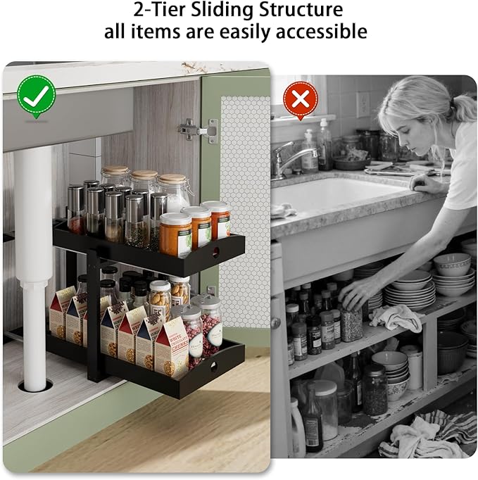 2 Pack Under Sink Organizer, Bamboo Wooden 2-Tier Pull-Out Storage with Sliding Drawers for Kitchen and Bathroom Cabinets, Easy Installation (Black)