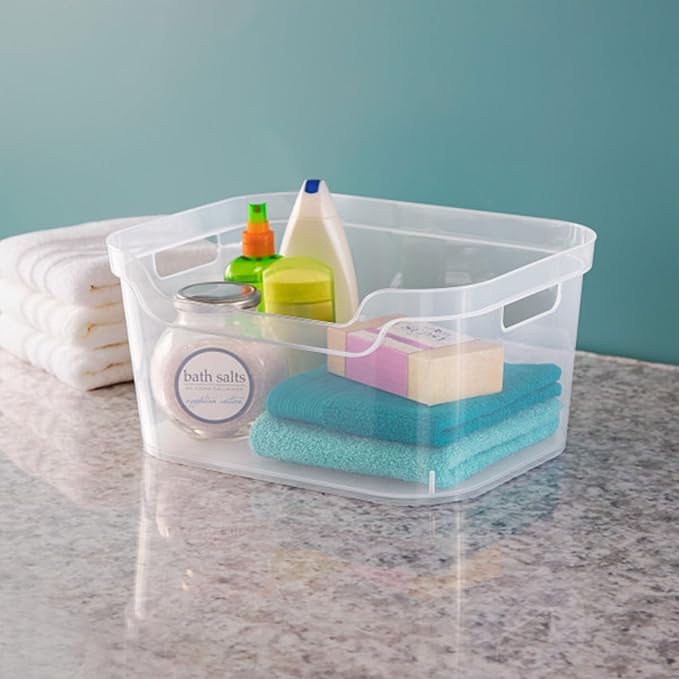 Sterilite 7 x 11 x 14.25 Inch Polished Open Scoop Front Storage Bin with Comfortable Carry Through Handles for Household Organization, Clear (12 Pack)