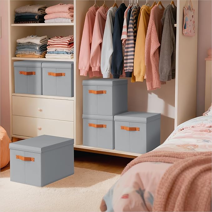 Storage Bins with Lids - Fabric Storage Baskets for Shelves, 6 Pack Foldable Decorative Boxes with Handles, Stackable Organizer Bins for Home, Nursery, Dorm, Grey