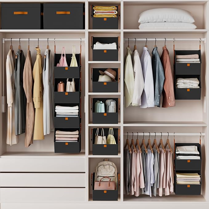 Hanging Closet Organizer 4 Tier - Clothes Hanging Shelves, Space-Saving Closet System, Fabric Storage Bins Bedroom Organization, Collapsible Baskets for Home, Dorm, Rv, Black, 8 Pack