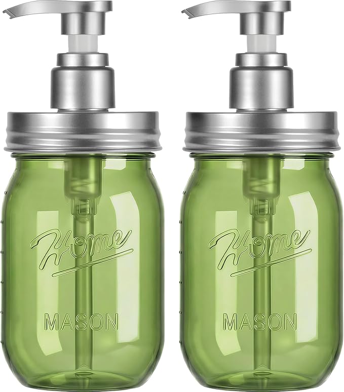 Amolliar Plastic Mason Jar Soap Dispenser with Pump Lid,16OZ Refillable BPA-Free Hand Soap Dispenser Set with Cute Lables, Farmhouse Decor for Kitchen/Bathroom, Liquid Dish Soap, Lotion(2 Pack, Green)
