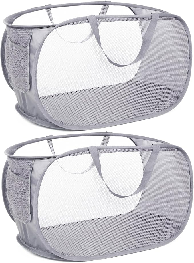 2 Pack Durable Collapsible Laundry Baskets - Reinforced Mesh Pop Up Laundry Hamper with Pocket, Foldable Dirty Clothes Hamper with Carry Handles for Laundry, Bathroom, Kids Room, Dorm or Travel Grey