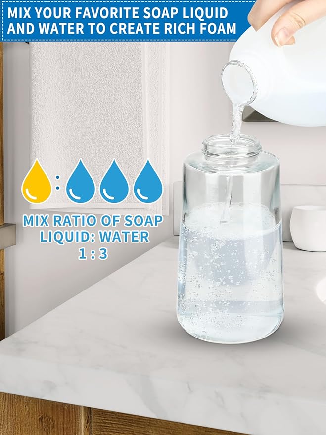 Doiliese Foaming Hand Soap Dispenser Set, 16 oz Large Glass Soap Dispenser, Foam Dispenser with Stainless Steel Pump & Waterproof Labels, Refillable Soap Bottles for Bathroom Countertop, 2 in 1