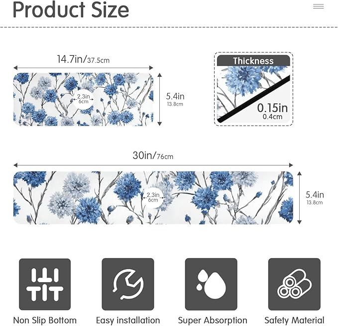 Kitchen Sink Splash Guard 1 PC 30 Inch Sink Faucet Mat Splash Guard for Bathroom Countertop Water Absorbent Foldable Cuttable Soft Washable Chinese Style Cornflower