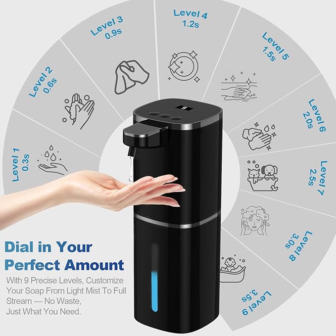 Automatic Liquid Soap Dispenser, 9 Adjustable Levels, 380ml/12.8oz, Auto Touchless Hand Soap or Dish Soap Dispenser,USB Rechargeable Dispenser,Wall Mount or Tabletop Use for Bathroom Kitchen