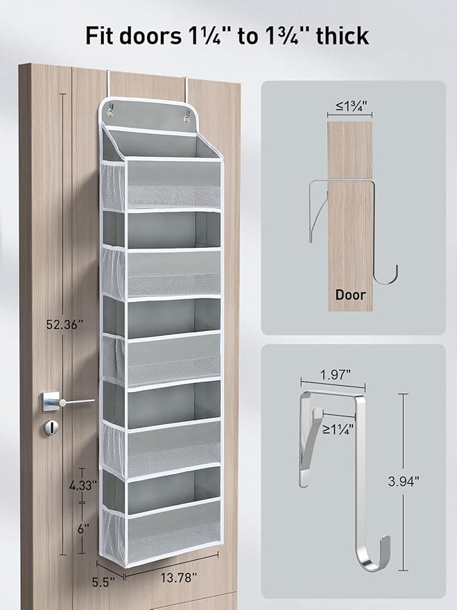 Yecaye 2 Pc Over The Door Organizer with 5 Bins 10 Side Pockets, 44lbs Load Hanging Bathroom and Bedroom Organizer, Behind The Door Hanging Organizers for Nursery Newborn Baby Essential Stuff Grey