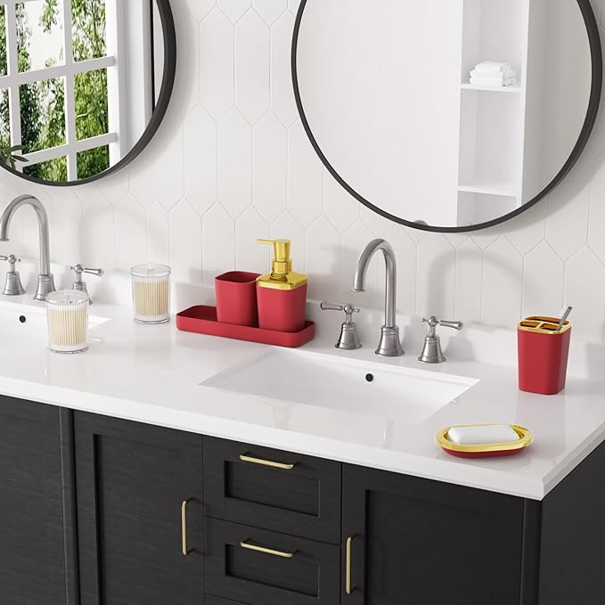 Burgundy Bathroom Accessories Set with Shower Curtain and Rugs, Dark Red Bathroom Accessories with Trash Can,Toothbrush Holder and Cup,Soap Dispenser,Tray,Soap Dish,Toilet Brush,Qtip Holders