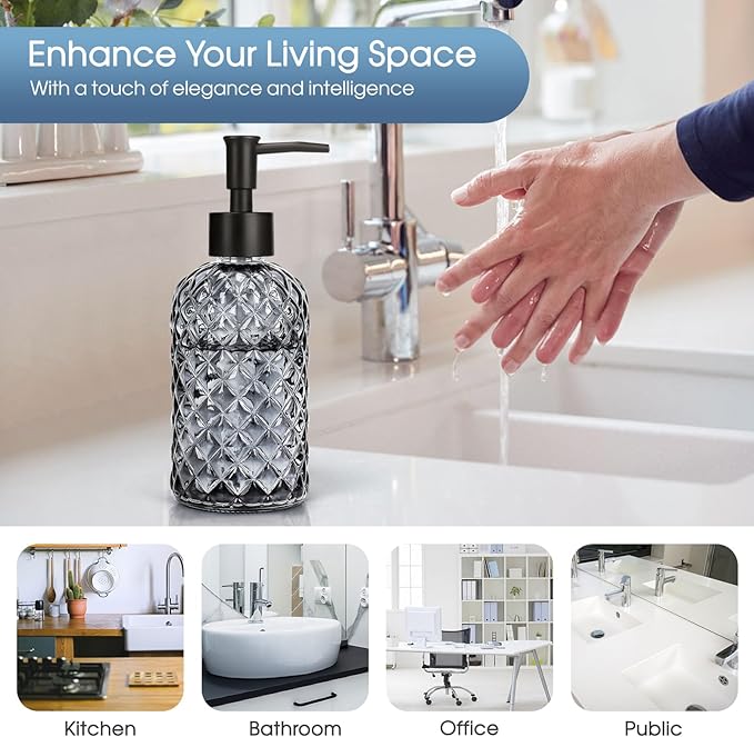 2 Pack Gem Glass Soap Dispenser with Black Plastic Pump, 13oz Liquid Hand Soap Dispenser, Rustproof Pump for Kitchen & Bathroom, Great for Lotions, Essential Oil, Liquid Soaps-Gray