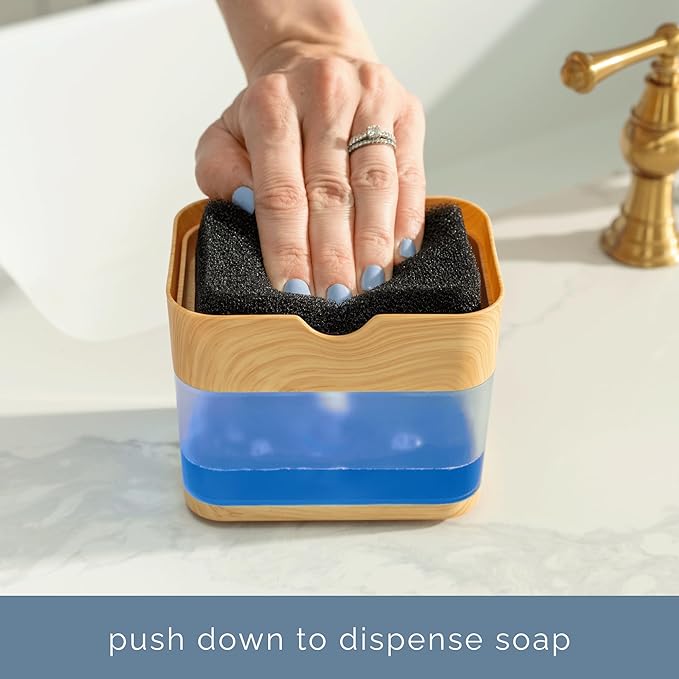 S&T INC. Dish Soap Dispenser and Sponge Holder for Kitchen Sink, Waterproof Labels and Sponge Included, 13 Ounces, Plastic, Bamboo