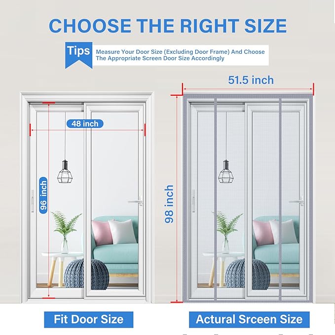 Magnetic Screen Door Upgraded PET Mesh Stronger Than Fiberglass and Polyester,Hands Free,Keeps Bugs Out,Pet & Kid Friendly,Suitable for Sliding Door,Large Patio Door and French Door-48''x96''