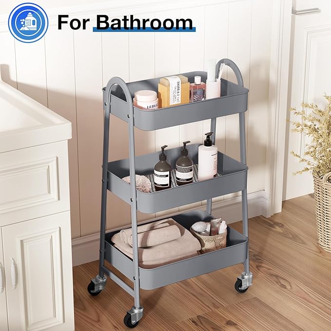 OLIXIS 3 Tier Utility Rolling Cart, Metal Mobile Storage Shelf with Lockable Caster Wheels, Organization for Livingroom, Bathroom & Narrow Places, Gray