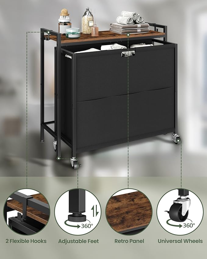 Laundry Sorter, Laundry Hamper with Storage Shelf, Mobile 2-in-1 Basket Organizer, 120 L Rolling Hamper, Large Bags and Movable Wheels, Metal Frame, Rustic Brown and Black TXY01BF