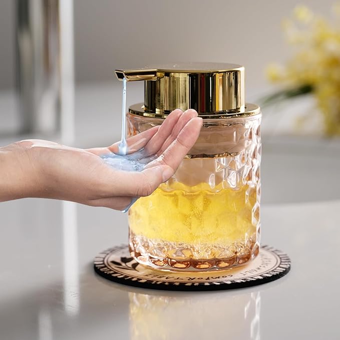 Hand Soap Dispenser Glass, Refillable Liquid Dispenser for Bathroom & Kitchen,Lotion Dispenser with Large Gold Pump（Diamond Pattern-Pink）