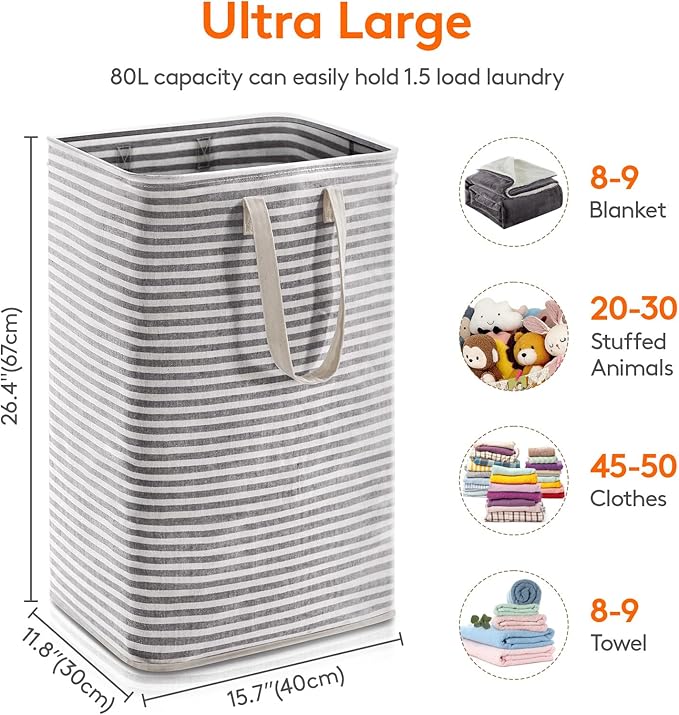 Lifewit 1 Pack Laundry Hamper Large Collapsible Laundry Baskets, Freestanding Waterproof Clothes Hamper with Easy Carry Handles in Laundry Room Bedroom Bathroom College Dorm, Black, 80L