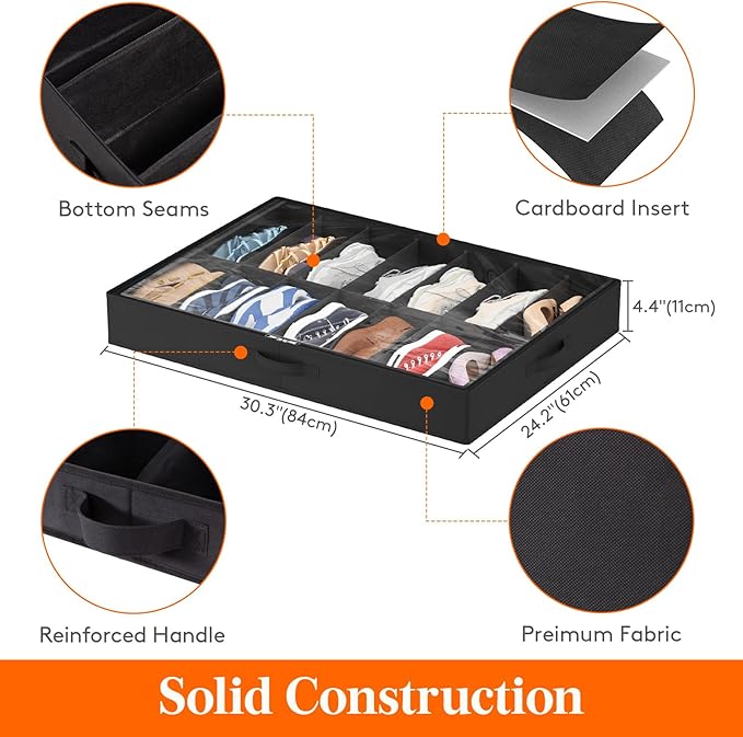 Lifewit Under Bed Shoe Storage Organizer 1 Pack(14 Pairs), 4.3" Tall Fabric Shoes Container Box, Foldable Closet Shoe Bag with 2 Reinforced Handles and Clear Cover, Black