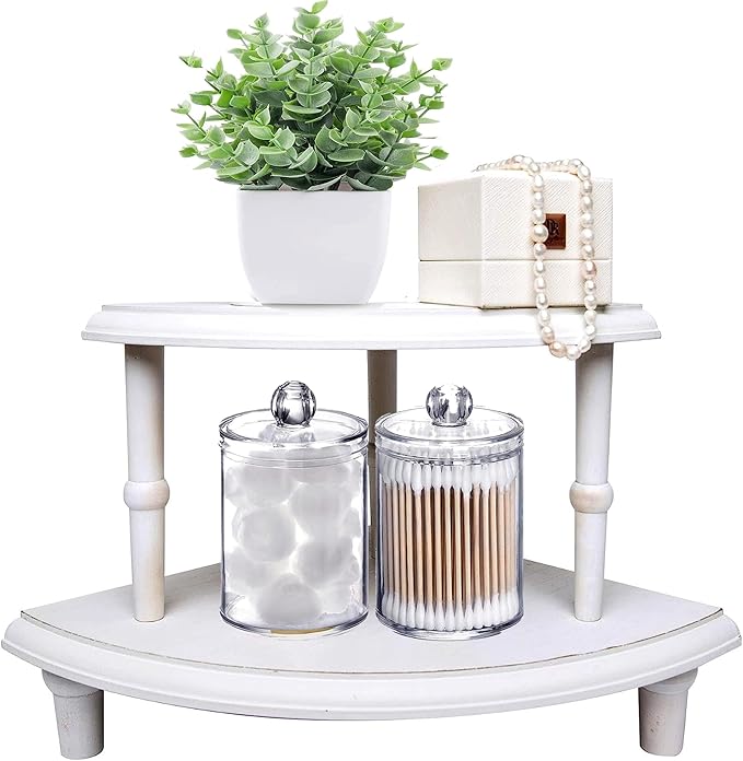Defined Deco Kitchen Countertop Organizer-2 Tier Stackable Corner Shelf-White Bathroom Counter Organizer-Farmhouse Display Riser,Storage Pedestal Stand for Kitchen Counter Decor,Bathroom Storage Decor