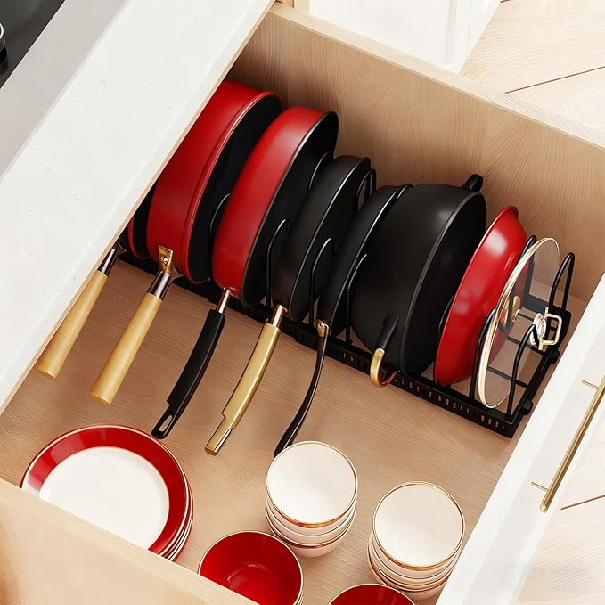 Pot and Pan Organizer Rack for Under-Cabinet Storage - Adjustable Kitchen Cabinet Organizer with 13 Dividers, Expandable Cutting Board Holder & 6 Non-Slip Silicone Pads-Black
