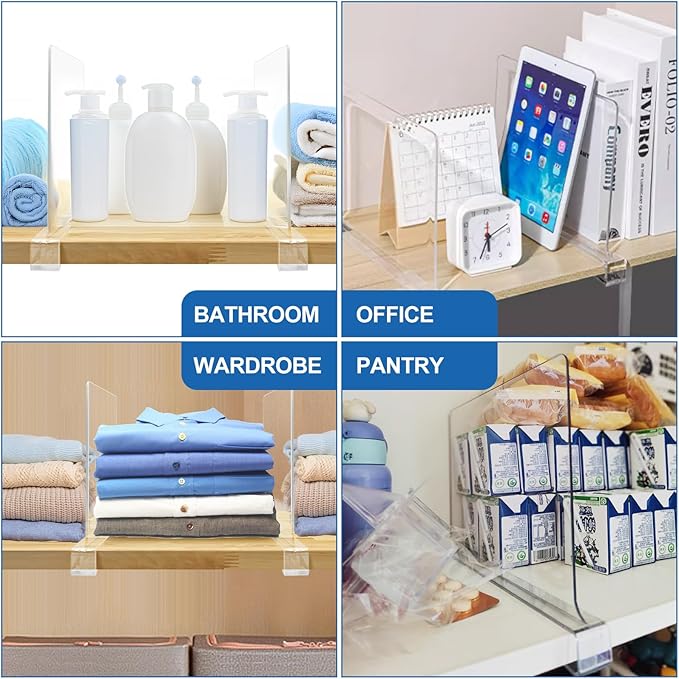Bgtecho 12 Pack Acrylic Shelf Dividers,Clear Acrylic Divider for Clothes/Purses,Wood Shelf Closet Separators,Shelf Divider Closet Organizer,Shelf Separators in Bedroom Kitchen Office Cabinets Storage