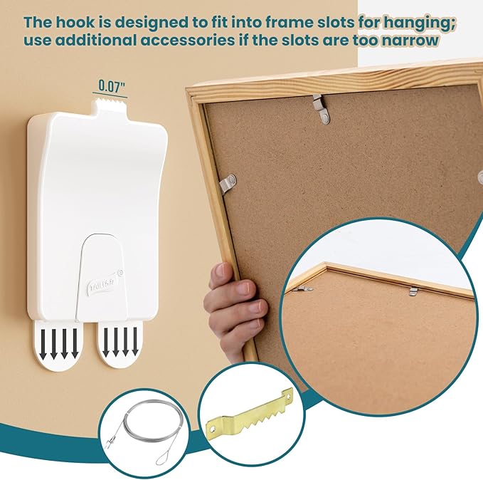 TAILI Picture Hangers 8 Pcs, Damage Free Picture Hangers for Walls，Adhesive Picture Hanging Hooks Without Nails，Art Hanger for Bathroom Kitchen Home Door Closet, Inclue 2 Extra Strips