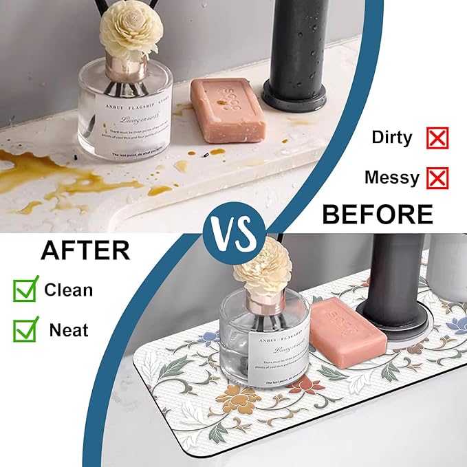 Art Ceramic Texture Sink Splash Guard Ceramic Flowers Faucet Absorbing Mat Fast Drying Mat Sink Gadgets Splash Guard Behind Faucet Drip Catcher for Kitchen Bathroom, 15.5"x5.5"