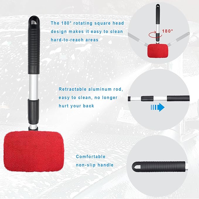 Ziciner Car Windshield Cleaner, Microfiber Auto Cleaning Wiper with Aluminum Extendable Handle and 2 Washable Reusable Cloth Pad Head, Universal Vehicle Interior Exterior Cleaner Kit (Red-Rectangle)