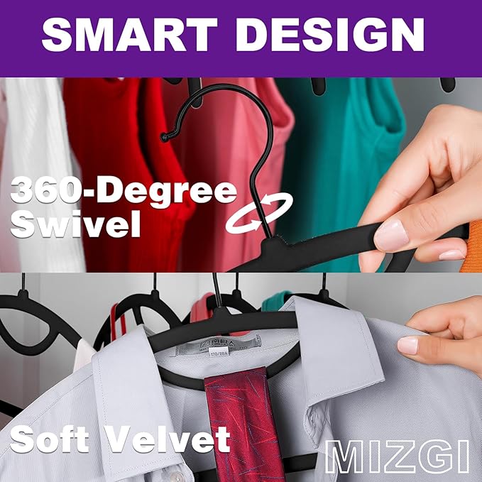 MIZGI Premium Velvet Hangers 50-Pack,No Shoulder Bump Hangers W/Tie Bar Ultra Thin Space Saving Non Slip Hanger Heavy Duty Felt Rounded Clothes Hanger for Sweaters,Coat,Jackets,Pants,Shirts