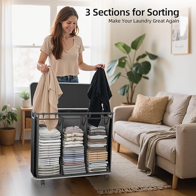 Yecaye 180L Laundry Basket With Lid and Removable 3 Bags, Large Rolling Laundry Hamper with Lid, 3 Section Rolling Clothes Storage With Wheels, Clothes Hamper with Wheels For Laundry Room, Black