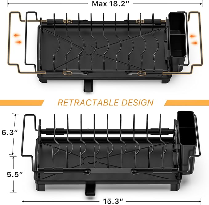 masadi Small Dish Drying Rack - Expandable Sink Dish Drying Rack Over Sinks with Drying Tray, Dish Drainer for Kitchen Counter with Adjustable Cutlery Holder, Space-Saving for Small Kitchens, Black