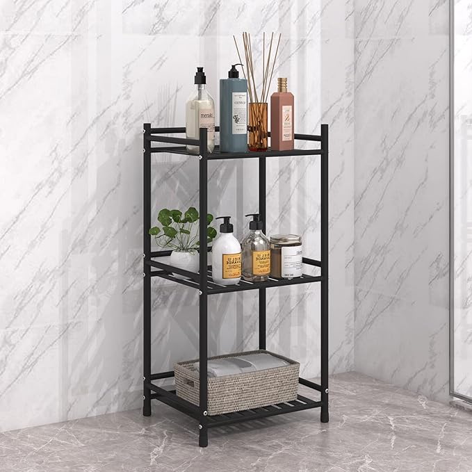 3 Tier Bathroom Storage Open Shelf Unit, Free-Standing Metal Corner Rack Shelving for Kitchen, Living Room, Hallway (Matte Black, 3 Tier)