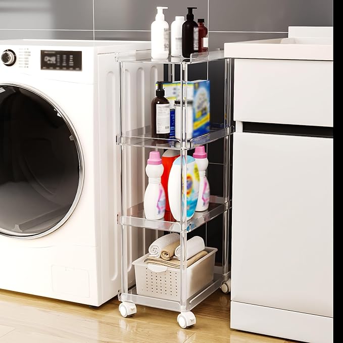 AQUIVER Acrylic Slim Storage Cart - 4 Tiers Narrow Rolling Cart - Utility Cart for Kitchen, Bathroom, Living Room, Laundry - 15.6 '' L x 10.2 '' W x 33.9 '' H