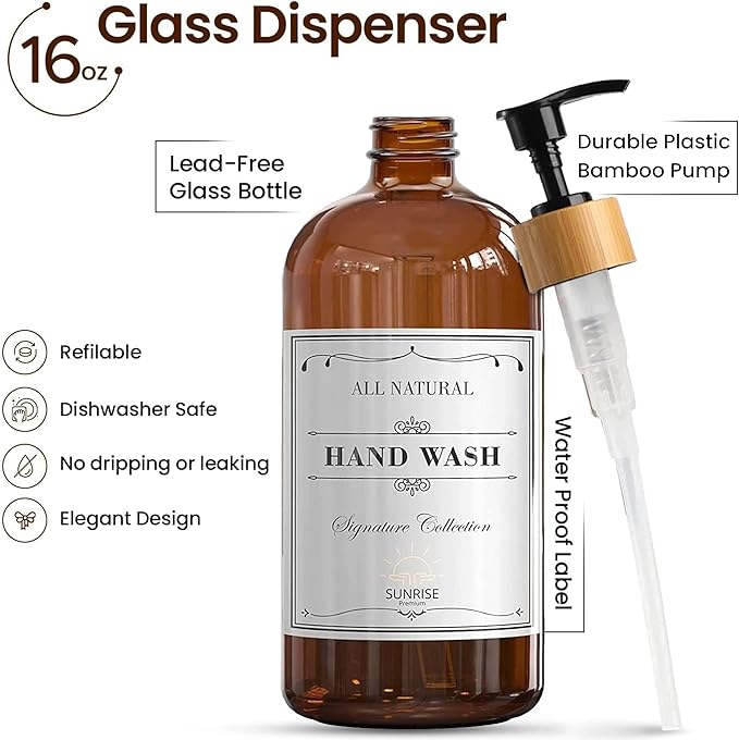16 OZ Thick Amber Glass Soap Dispenser, Bamboo Pump with Tray 4 Pack, Hand and Dish Soap Dispenser Set for Bathroom with 12 Waterproof Labels