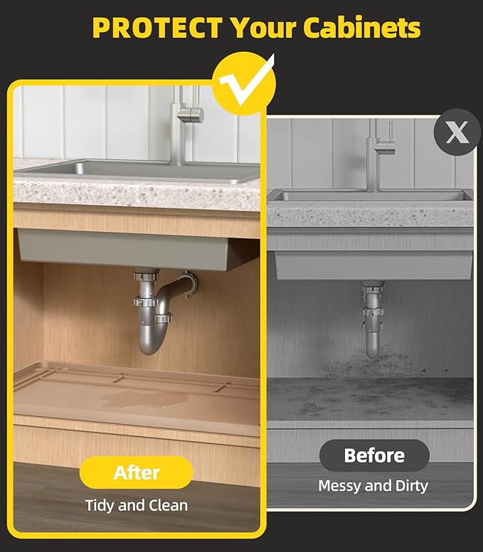 Wohbay Under Sink Mats for Kitchen Waterproof, Cut to Fit Under Sink Drip Tray for Kitchen Bathroom Cabinets, Silicone Under-Cabinet Hold Up to 3.3 Gallons Liquid, 34" X 22" Or Smaller -Khaki