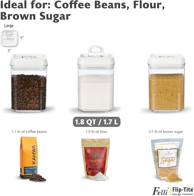 Felli Flip Tite Storage Container with Built-In Spoon & Airtight Lid 5” Large-M Ring Flip Top, Stackable Acrylic Canister for Sugar Flour Powder, Kitchen Pantry Organizer (1.8qt) - 2 spoons only