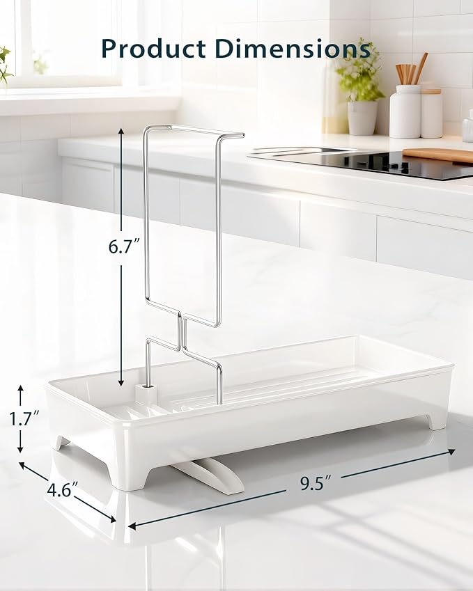 Minimalist Sink Caddy, Rustproof Sponge Holder for Kitchen Sink with 304 Stainless-Steel Brush Holder, Countertop Rack Organizer with Raised Ridges & Silicone Drain Tube (Cream White)