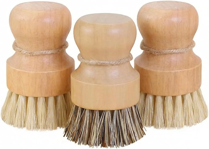 Wooden Dish Scrub Brush - Natural Fiber Kitchen Dish Scrubber Set, for Cleaning Pots, Sink, Tableware and Vegetables - 3 Pack