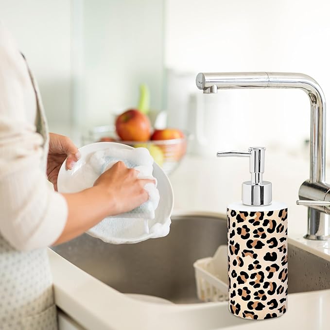 Cheetah Print Soap Dispenser Refillable Liquid Container Brown Leopard Glass Soap Dispenser with Pump for Bathroom Kitchen Countertop Decor