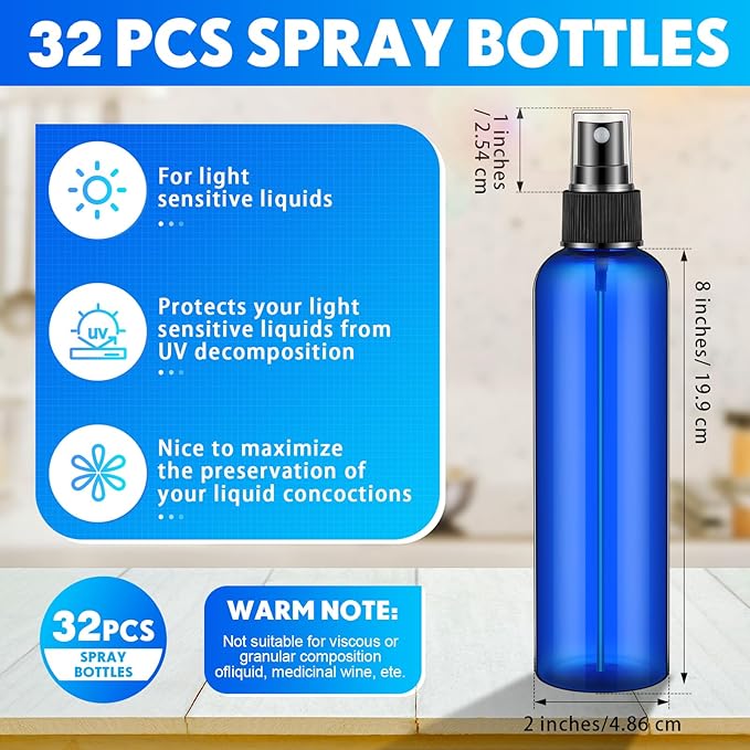 Eccliy 32 Pcs 8 oz Spray Bottles Fine Mist Plastic Spray Bottles Clear Empty Sprayer Hairs Refillable Travel Sprayer with Pump Cap for Cleaning Oils Travel Perfumes(Blue,Clear)
