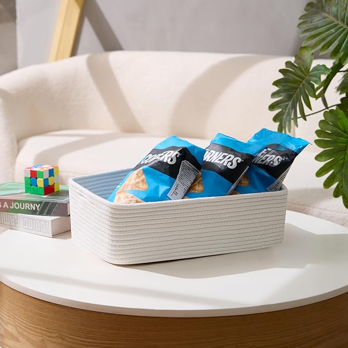 Large Shallow Organizing Baskets 15x11x5.1 Inches - Rope Woven Storage Bins for Bathroom, Shelves, Cube Closet, Off White 4 Packs