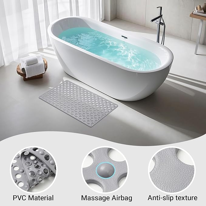 BREELEAM Non Slip Bathtub Mat and Shower Mat 31x17 inch,Bath Mat with Quick Dry Drain Holes and Suction Cups, Soft Comfortable Safe Bathroom Mat for Bath Tub, Floor, Tile (Grey)