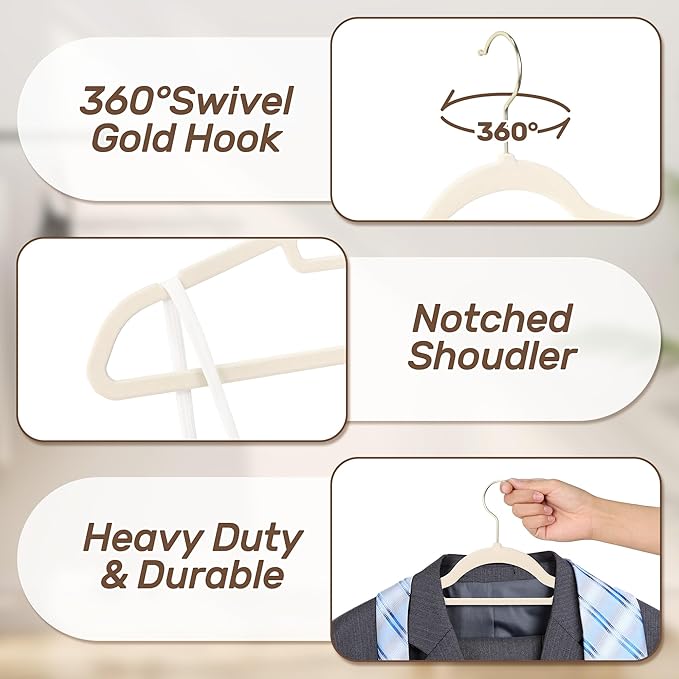 Premium Velvet Hangers 30 Pack with Gold Hooks, Non-Slip, Space Saving Felt Clothes Hangers, Sturdy Slim Flocked Hanger for Dresses, Coats, Tie and Pants(Beige)