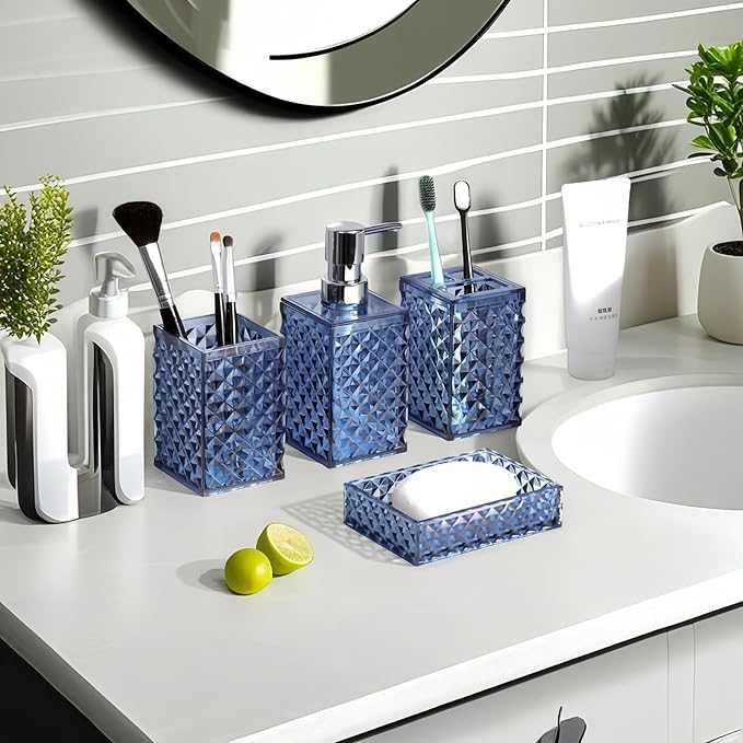 Blue Bathroom Accessories Set, 4 PCS Dark Navy Blue Bathroom Accessories Sets Complete, Diamond Pattern Bathroom Soap Dispenser and Toothbrush Holder Set, Boho Bathroom Décor and Accessories