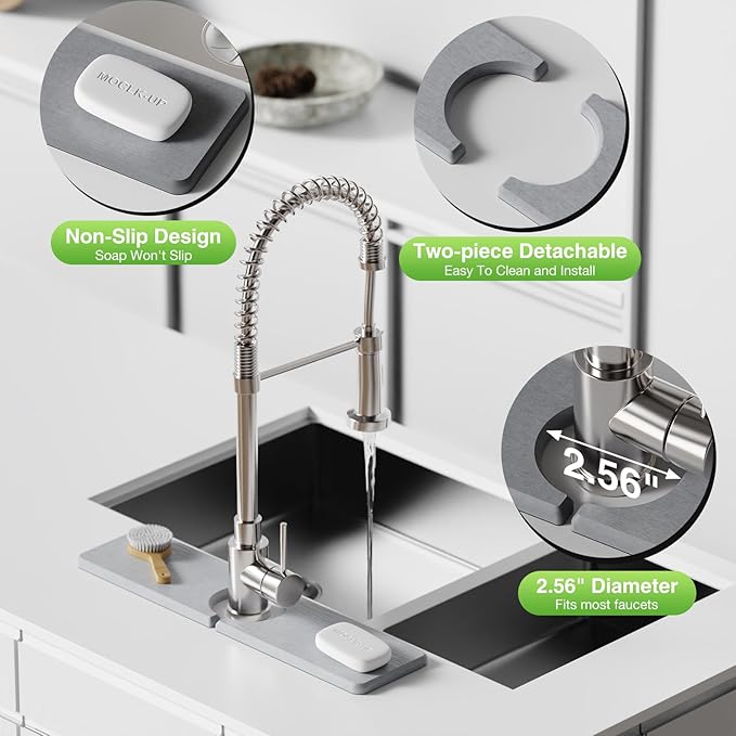 15.8" x 4" Stone Faucet Mat for Kitchen Sink, Quick Drying Diatomite Sink Tray, Faucet Sink Splash Guard for Prevents Moisture Buildup (Light Gray)