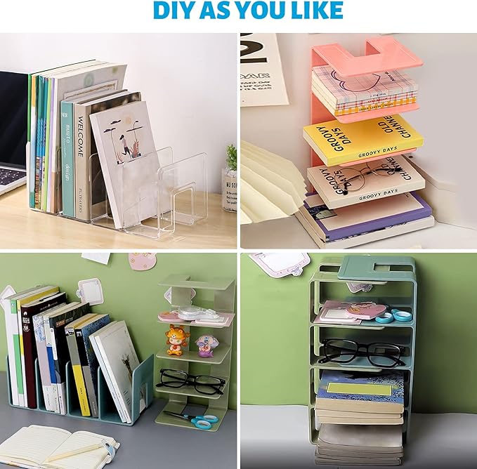 Marte Vanci Clear Acrylic File Sorter, Sturdy Desk File Organizer Shelf Book Holder Purse Handbag Clutch Divider File Folder Rack for Letter Cookbooks Home Office Kitchen Supplies 4 Sections (2 Pcs)
