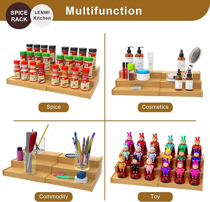 Spice Rack Organizer for Cabinet, 3 Tier Expandable Bamboo Spice Storage for Kitchen Cupboard Pantry