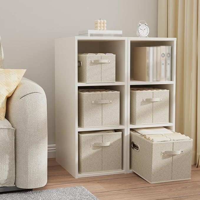 Open Storage Baskets, Collapsible Cube Bins, Fabric Container Organizer with Metal Handles, Boxes for Shelves, Closet, Living Room, 15x9.8x9.8in, Grey and Beige, 4 Pack
