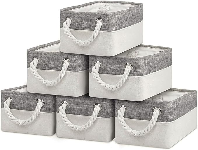 Sacyic Storage Bins - Storage Baskets for Shelves Storage Cubes with Handles Small Baskets for Organizing (Gray and White 11.8 x 7.9 x 5.2 inch)