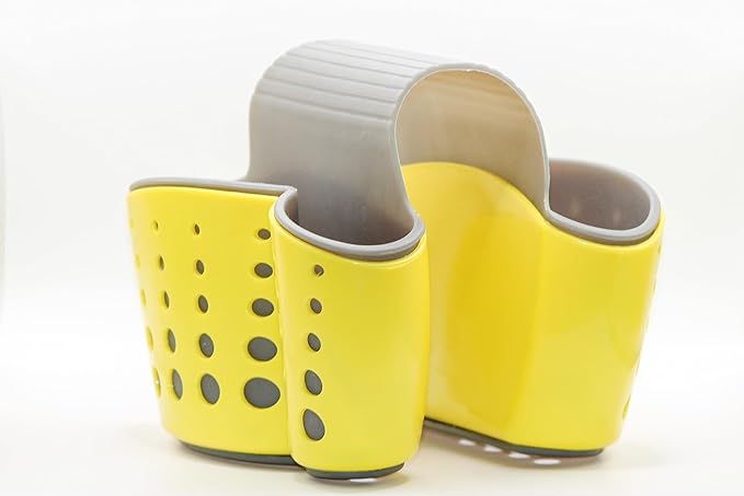Sink Caddy Sponge Holder - Kitchen Soap Holder - Plastic Saddle Faucet Caddy - Organizer for Brushes, Sponges, Soap, Utensils (Yellow)