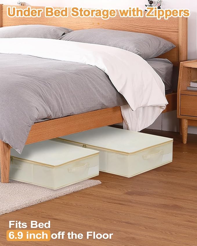 punemi Underbed wedding dress storage box, 2 Pack Clothing Storage Bags W/Upgraded Handles, Large Capacity Underbed Shoe Container Organizer for Blanket, Pillows, Comforters & Quilts, Beige