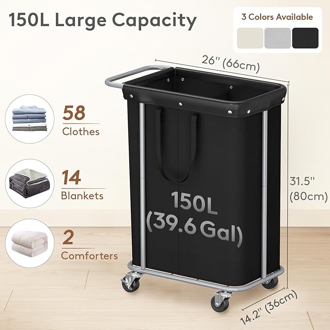 Lifewit 150L Large Laundry Basket with Wheels, Tall 2 Section Laundry Hamper Organizer, Rolling Laundry Cart with Steel Frame & Removable Bag for Luandry Room Bathroom Bedroom, Black
